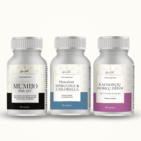 Natūralių papildų rinkinys su Mumijo (Shilajit), Spirulina ir Chlorella bei raudonųjų dobilų žiedais – energijai, imunitetui, hormonų balansui, vitališkumui ir bendrai organizmo gerai savijautai | GraSole