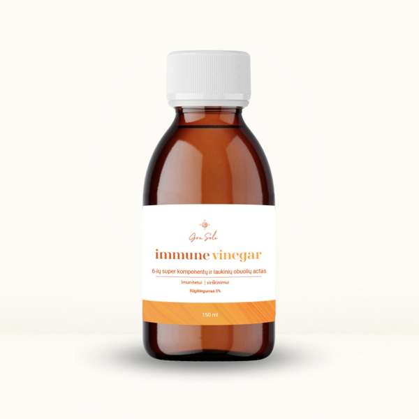 Immune Vinegar su laukinių obuolių actu ir 6 super komponentais, skirtas imuniteto stiprinimui, virškinimo sistemos veiklai ir kasdienei organizmo gerovei palaikyti.