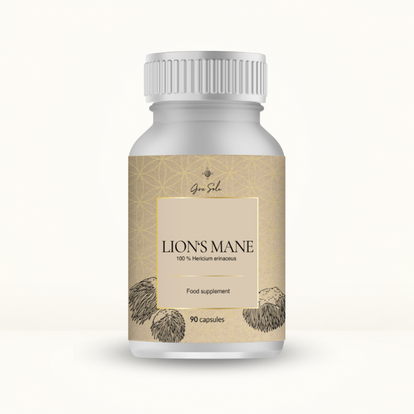 GraSole Lion's Mane – maisto papildas su 100 % Hericium erinaceus (Liūto karčių grybu), skirtas pažinimo funkcijų, koncentracijos ir nervų sistemos palaikymui.