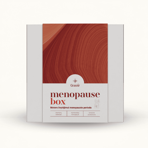 MENOPAUSE BOX menopauzės rinkinys moterims – natūralūs papildai ir produktai hormonų balansui, menopauzės komfortui, emocinei pusiausvyrai ir kasdienei gerai savijautai | GraSole