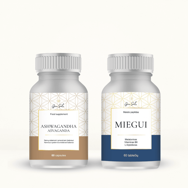 Ashwagandha ir Miegui papildų rinkinys emocinei pusiausvyrai, atsipalaidavimui ir kokybiškam miegui.