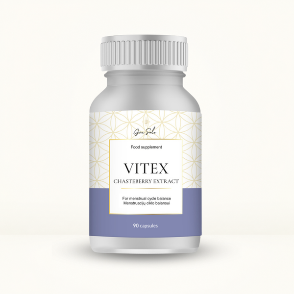 Vitex (skaistusis pipiras) kapsulės moterų hormonų pusiausvyrai, menstruacijų ciklo reguliavimui ir PMS simptomų mažinimui.